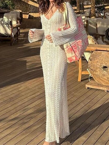 2024 Long Sleeve See Through Crochet Knitted Beach Dress