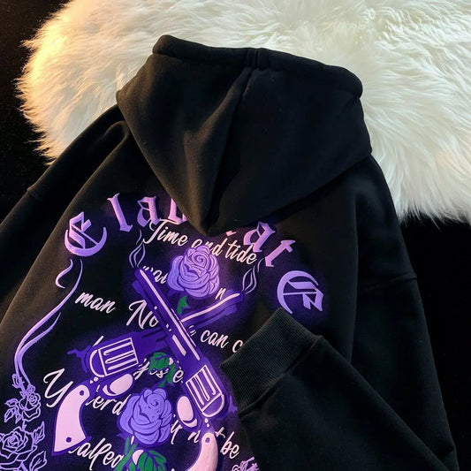 Women's Y2K Gothic Oversized Gun Rose Print Hoodie