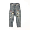 Men’s Hole and Patch Printed Jeans Loose Straight Retro Distressed Denim