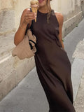 Elegant Solid Satin Fit Maxi Dresses Fashion O Neck Sleeveless