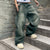 Men Baggy Denim Pants Wide Leg High Waist Belt Casual Trousers