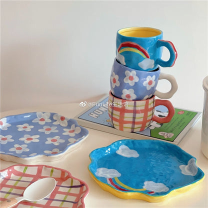 Mug Coffee Cup Ceramic Plate Rainbow Clouds Plaid Breakfast Plate