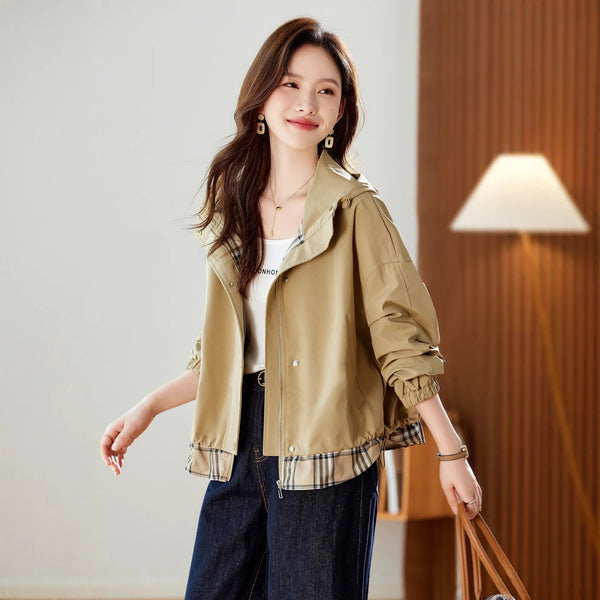 Womens Cropped Hooded Jacket Cotton Blend Loose Casual Spring Top