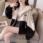 Spring Autumn Women's Zipper Hoodies Contrast Style Loose Hooded