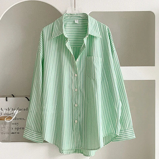 Women's Shirts Blouse Vertical Striped Long Sleeve Button Down