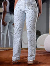 Women's High Waist Beaded Jeans Slim Vintage Straight Denim Pants