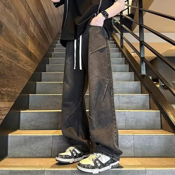 Mens Retro Denim Wide Leg Jeans Loose Straight Fit Streetwear Pants