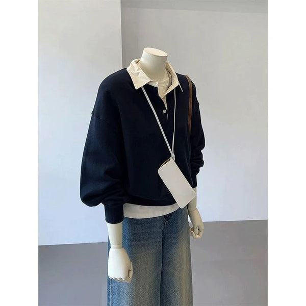 Navy Blue Layered Look Sweatshirt Women Lightweight Long Sleeve