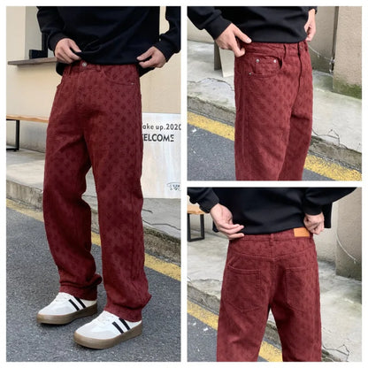 American Style Red Jeans Men's Street Fashion Loose Embroidery Wide Leg