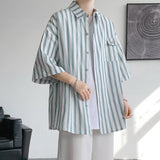 Privathinker Gestreiftes Hemd für Herren, kurzärmelig, Taschen-Design, lockere Sommerblusen, modische Herrenbekleidung im koreanischen Stil