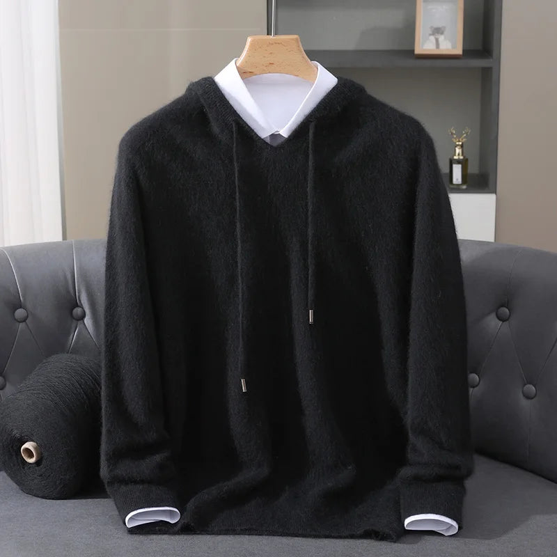 Mens 100 Percent Mink Cashmere Hooded Sweater Pullover Knit Top