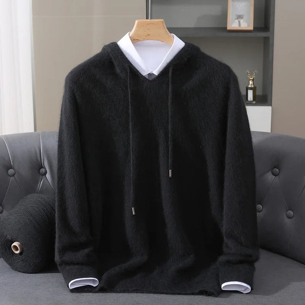 Mens 100 Percent Mink Cashmere Hooded Sweater Pullover Knit Top