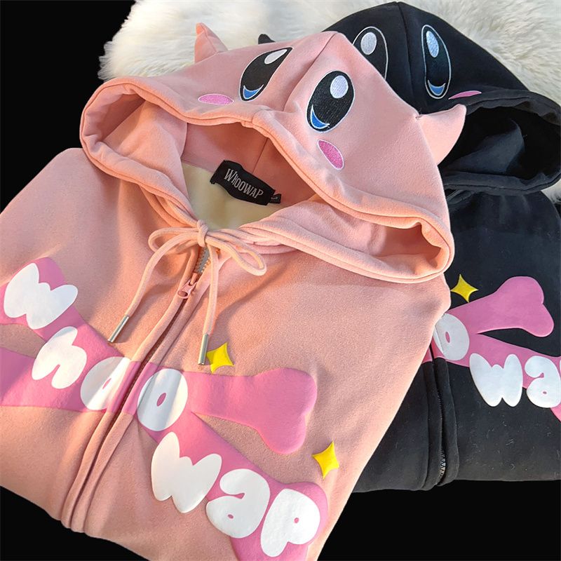 Kapuzenpullover Teufelshorn Kawaii Cartoon Reißverschluss Übergroß