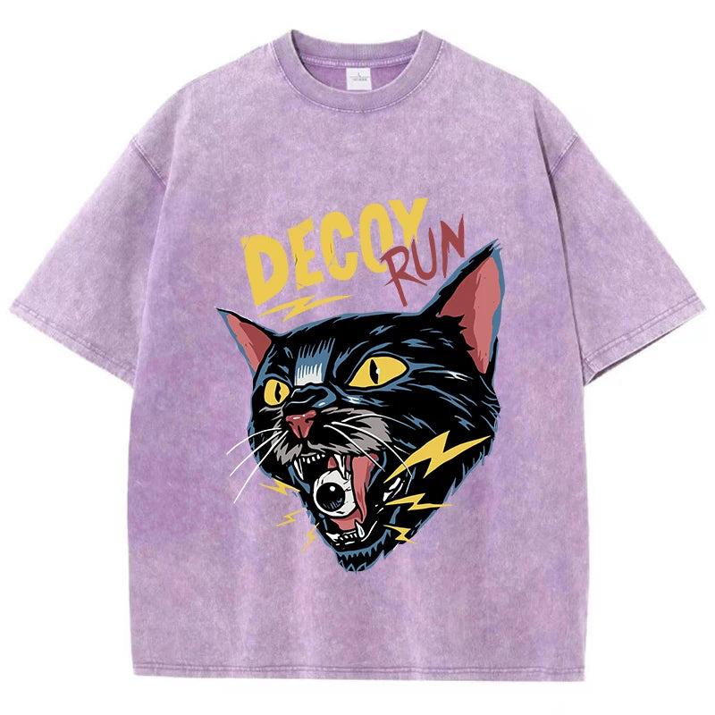 Vintage Horror Cat Print T-Shirt Men Washed Loose Summer Streetwear
