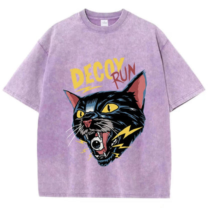 Vintage Horror Cat Print T-Shirt Men Washed Loose Summer Streetwear