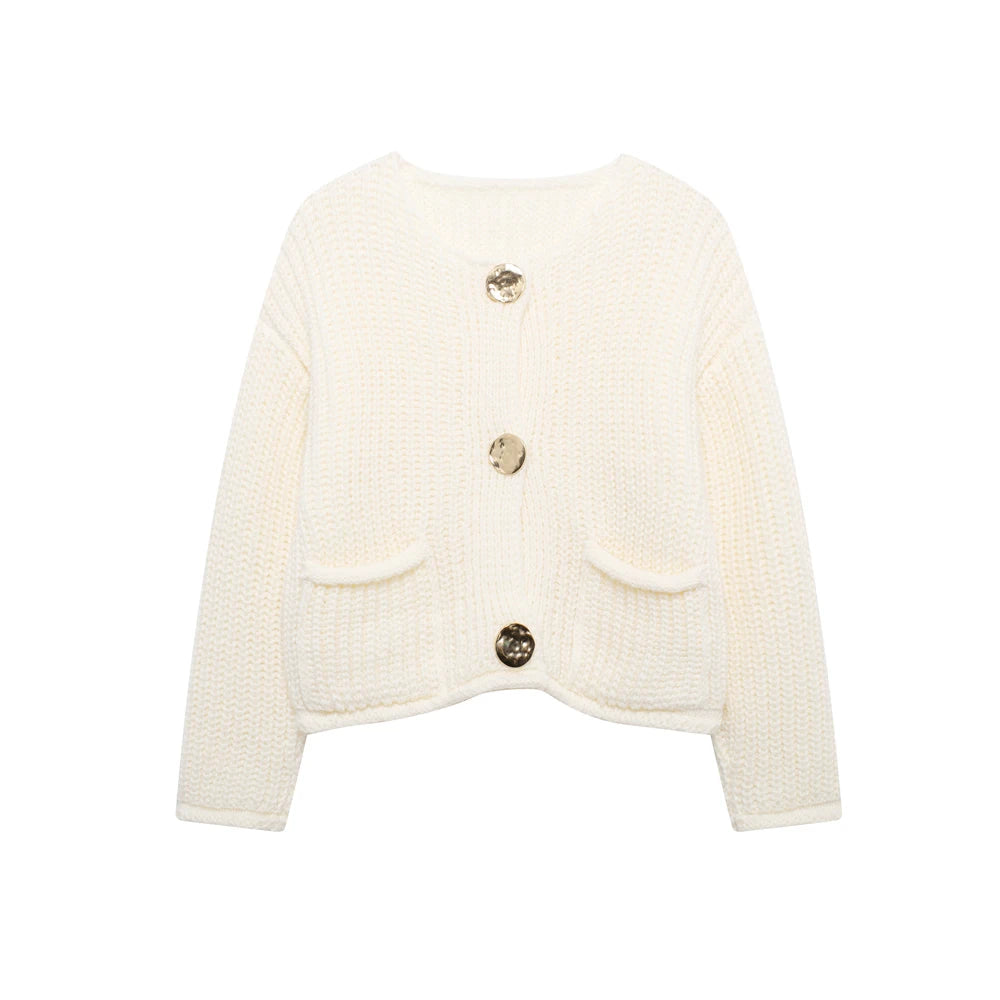 Women's Knit Cardigan Sweater - Gold Buttons & Patch Pockets