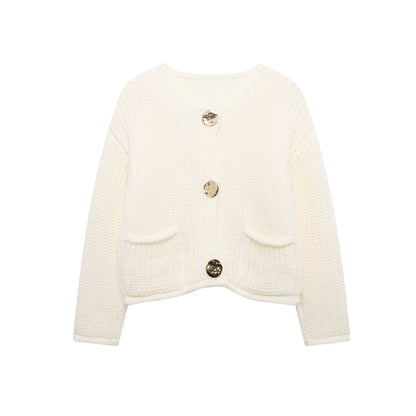 Women's Knit Cardigan Sweater - Gold Buttons & Patch Pockets