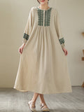 Long Cotton Dresses Women Vintage Style Geometric Embroidery Loose Female Casual Dress