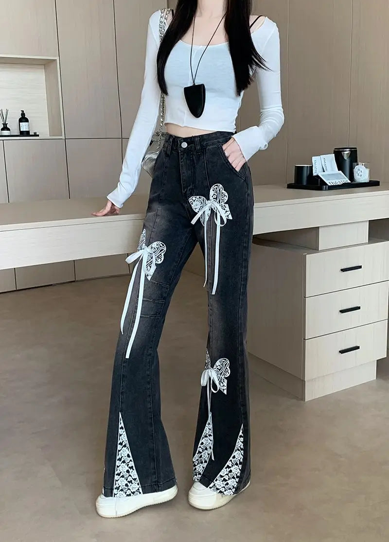 Women's Y2K Bow Lace Patchwork Harajuku Jeans