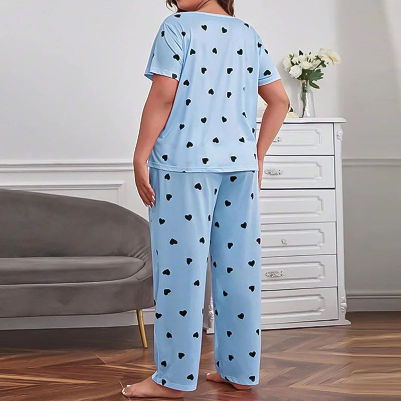 Plus Size Pajama Set Women Love Heart Print Sleepwear