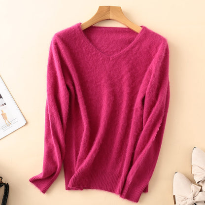 Sweater woman V-Neck Knitted Pullover Mink Cashmere Jumper Female  Soft Super Warm Sweater - xinnzy