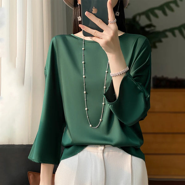 Womens Satin Blouse Three Quarter Sleeve Loose Fit Silk Top