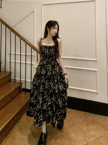 Y2k Korean Style One Piece Floral Dress Women Vintage Elegant Layered High