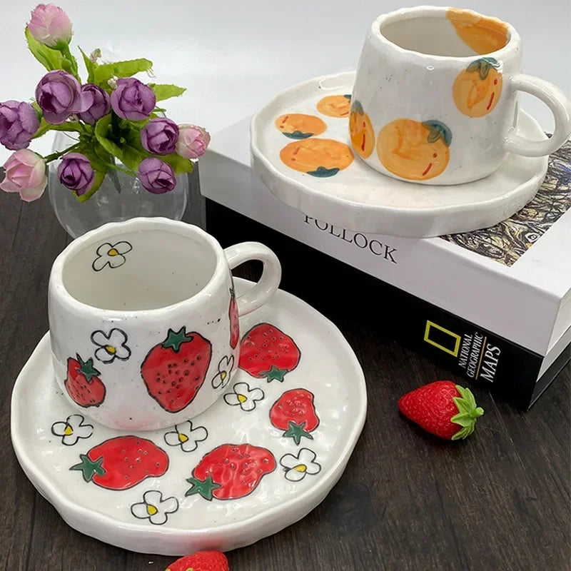 300ml Fruit Themed Ceramic Coffee Mug and Plate Set