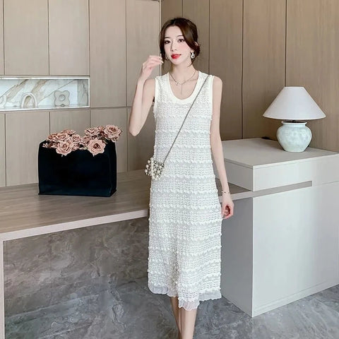 Retro Hollow Out Knit Sleeveless Vest Dress Spring Summer O-Neck Loose Knitting