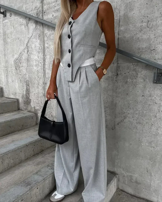 2025 Striped Blazer Vest and Ruched Wide Pants Set Women Office Outfit