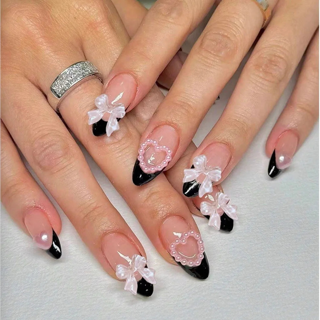 Black French Tips Press on Nails 3D White Bowknot Alloy Stars