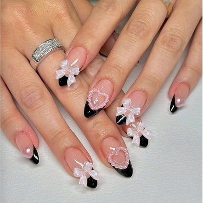 Black French Tips Press on Nails 3D White Bowknot Alloy Stars