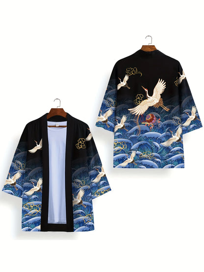 Animal Bird Patterns Crane Waves Asian Traditional Print Kimono Unisex