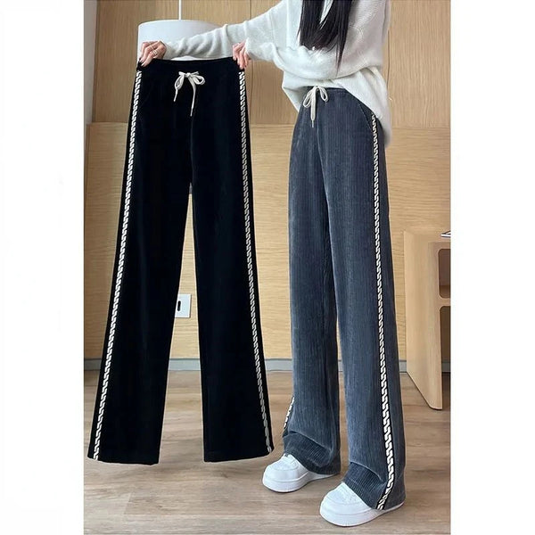 Womens Corduroy Pants High Waist Fleece Lined Winter Korean Straight