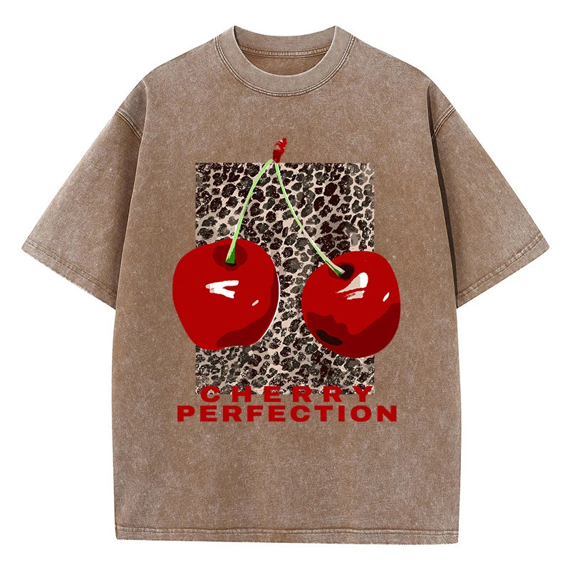 Cherry perfection Washed T Shirt Women Cotton Leopard Prints Oversize