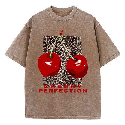 Cherry perfection Washed T Shirt Women Cotton Leopard Prints Oversize