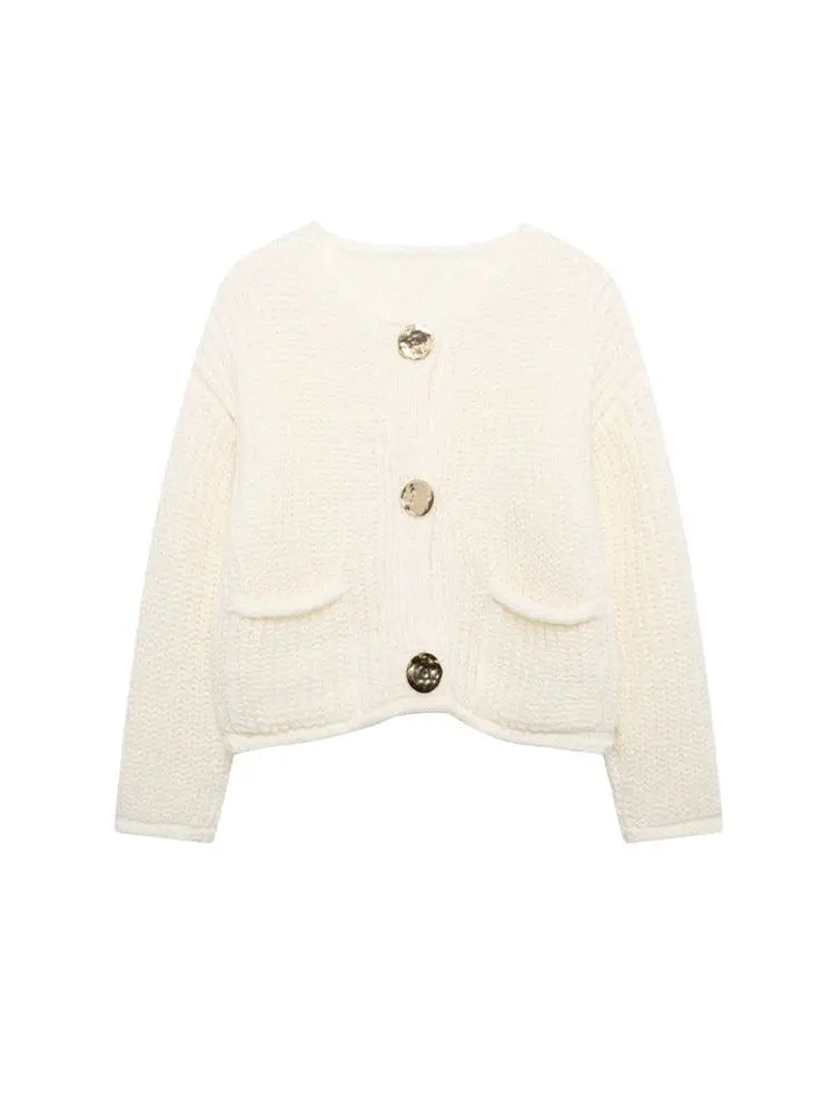 Women's Knit Cardigan Sweater - Gold Buttons & Patch Pockets