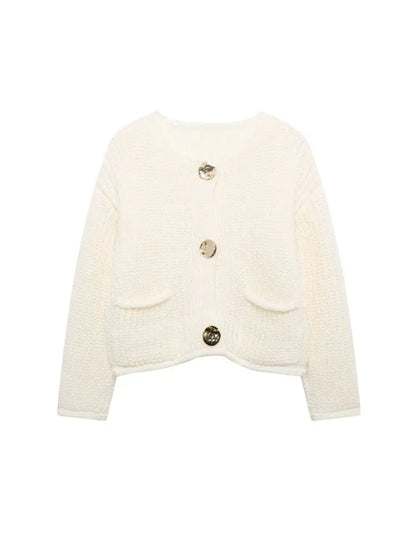 Women's Knit Cardigan Sweater - Gold Buttons & Patch Pockets