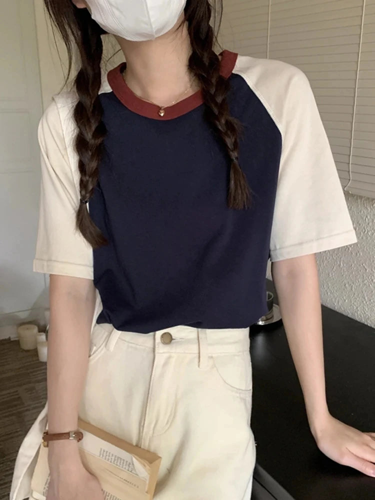 Summer Tops Women Tshirt Collar Short Sleeve Beige Blue Chic Y2k Fashion
