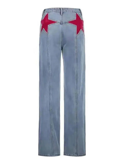 Vintage Patchwork Jeans  Women's High Waist Pentagon Print Pants