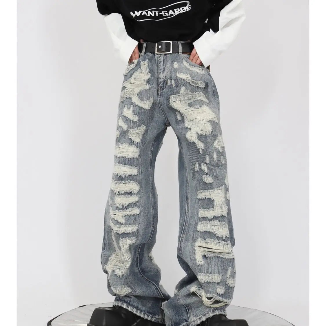 Men High Street Distressed Jeans Loose Straight Hip Hop Pants