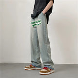 Summer Letter Flocking Embroidery Denim Pants Korean Men High Street