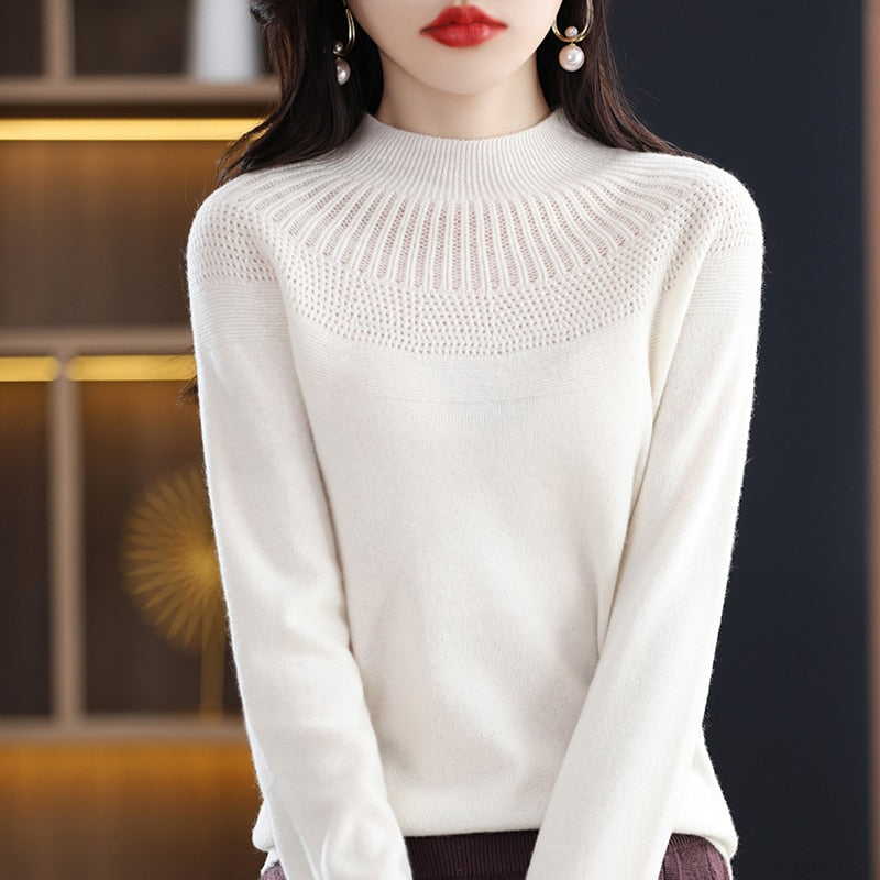 Cashmere knitting sweater high collar merino wool high collar slim soft long sleeve pullover top - xinnzy