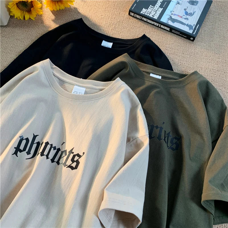 Men's Fashion Oversized White Letter Tee Casual Streetwear