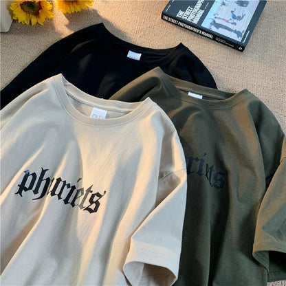 Men's Fashion Oversized White Letter Tee Casual Streetwear