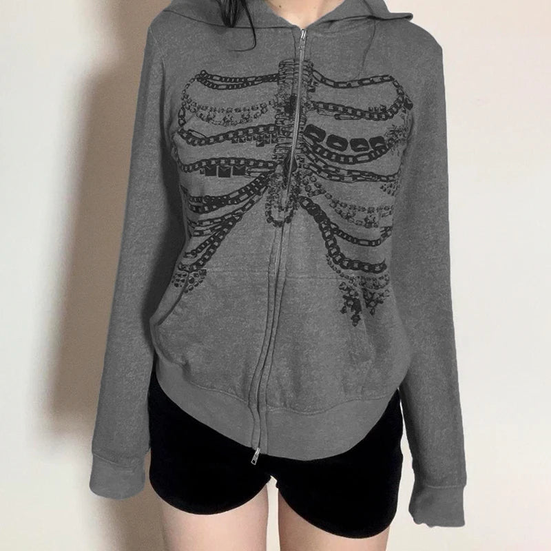 Dark Academia Gothic Skeleton Print Zip Hoodie