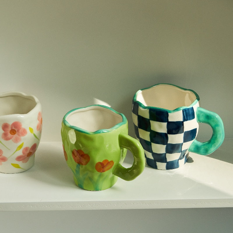 Korean Style Hand Made Irregular Mug Hand Flowers Ceramic