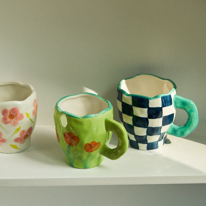 Korean Style Hand Made Irregular Mug Hand Flowers Ceramic