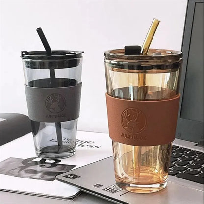 Deer Printed Coffee Straw Cup Stylish Heat-Resistant Glass Mug with Lid for Hot or Cold Drinks!
