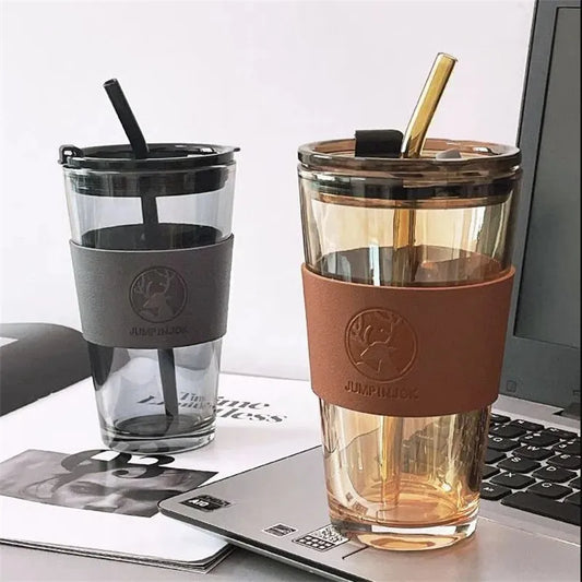 Deer Printed Coffee Straw Cup Stylish Heat-Resistant Glass Mug with Lid for Hot or Cold Drinks!